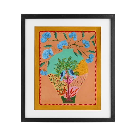 Bluebirds & Boho Flower Vase Black Framed Print Under Glass, design by Nabeela Rumi