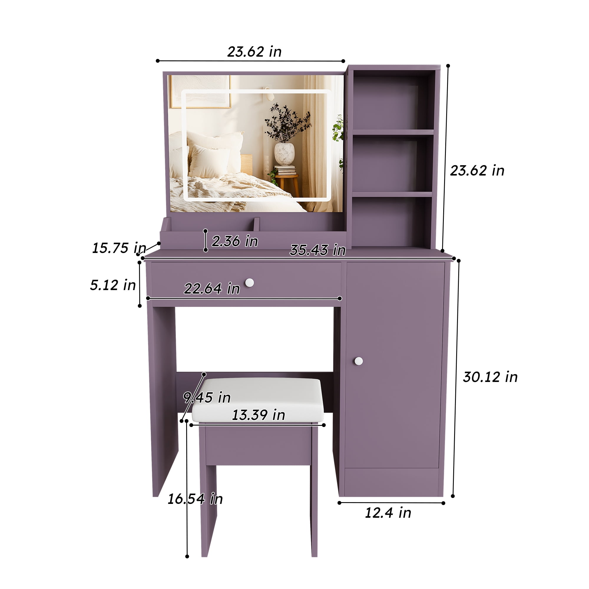 Makeup Vanity Desk Set with Padded Stool & 3-Mode Dimmable LED Mirror, Multi-Storage Modern Bedroom Dressing Table for Bedroom Apartment Dorm