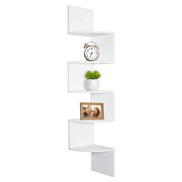 Greenco 5 Tier Wood Floating Wall Mount Corner Shelves White Finish