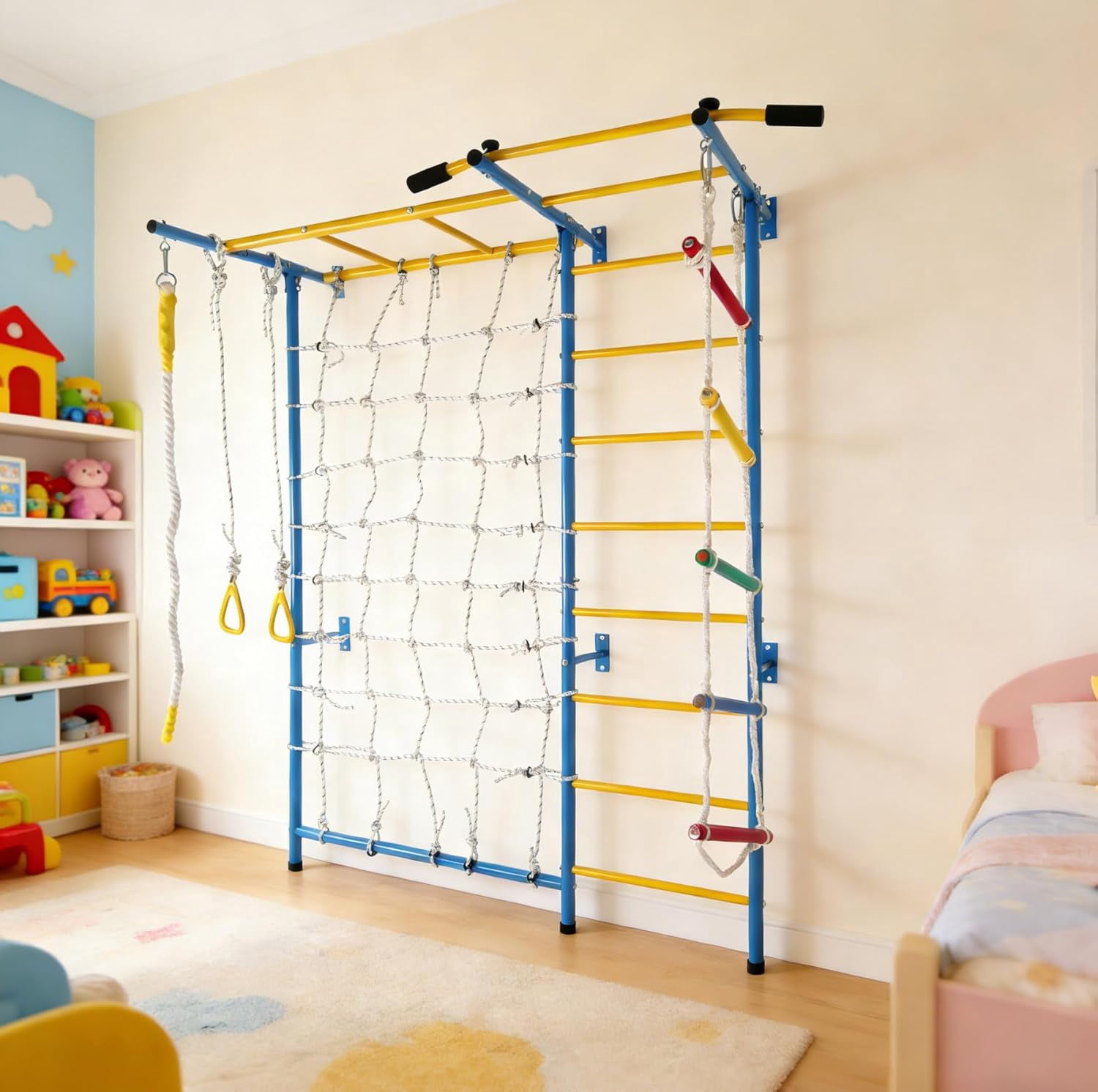 Heavy-Duty 7-in-1 Kids Climbing Gym – Steel Wall-Mounted Monkey Bars with 220 lbs Capacity, Includes Rope Ladder, Rings & Pull-up Bar for Home Play