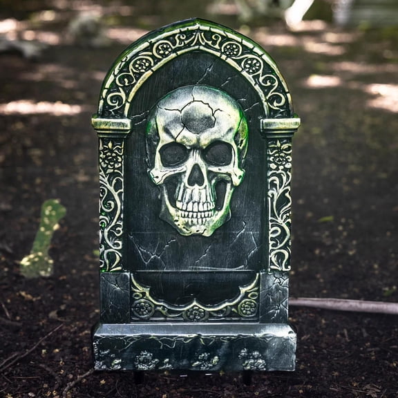 21" Light-Up Tombstone with Skull Halloween Decoration
