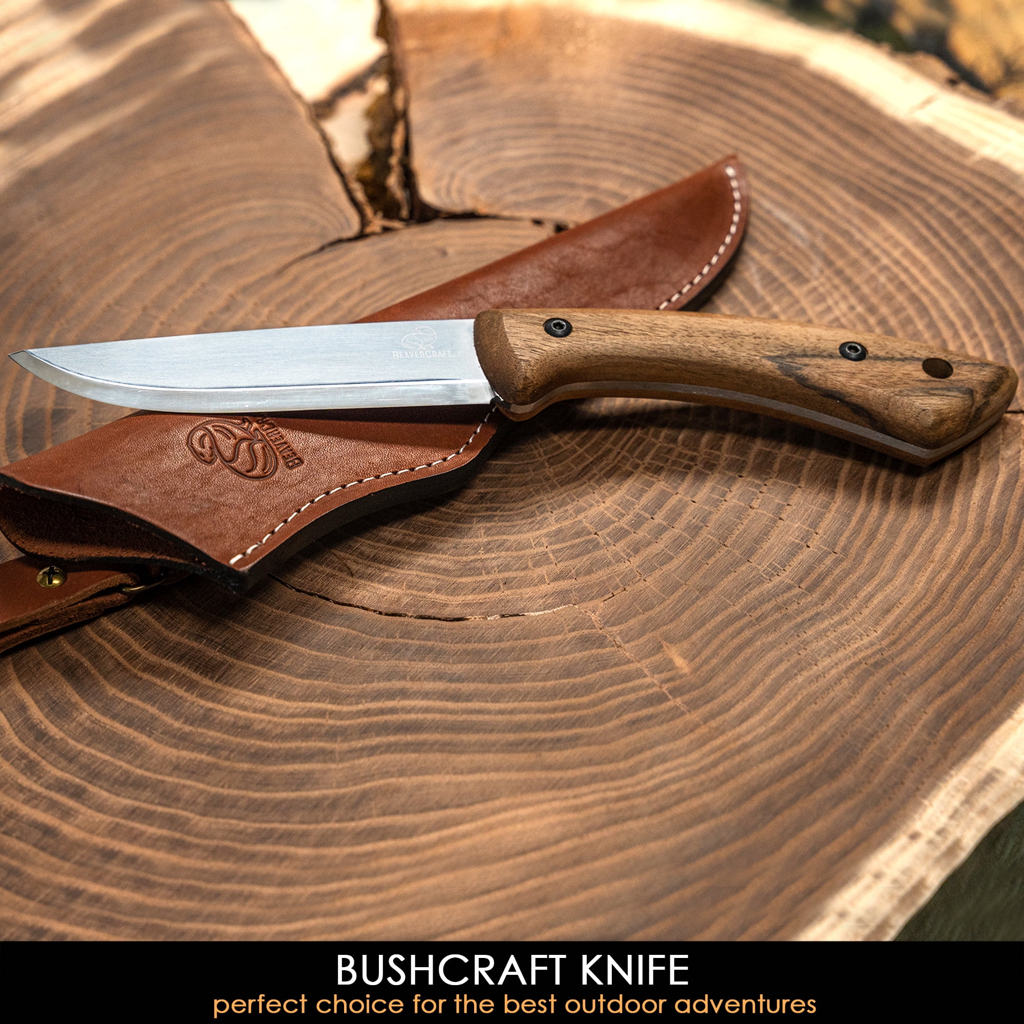 BeaverCraft Bushcraft Knife BSH1 Fixed Blade Knife with Sheath Full Tang Knife Carbon Steel – Knife Scandi Grind – Bushcraft Tools & Bushcraft Knives, Bush Knife with Leather Sheath