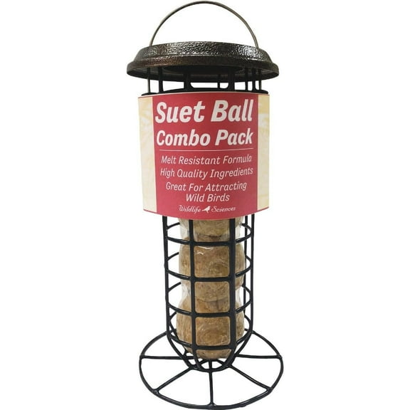 Wildlife Sciences Suet Ball Feeder and Suet Ball Combo  4 Suet Balls and 1 Suet Feeder for Wild Birds