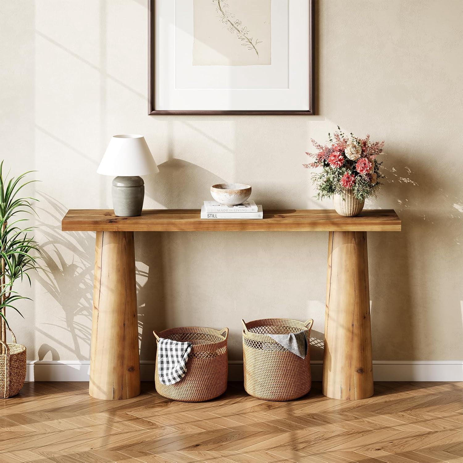 63-Inch Farmhouse Console Table, Solid Wood Entryway Table Behind Sofa for Entrance, Hallway, Living Room