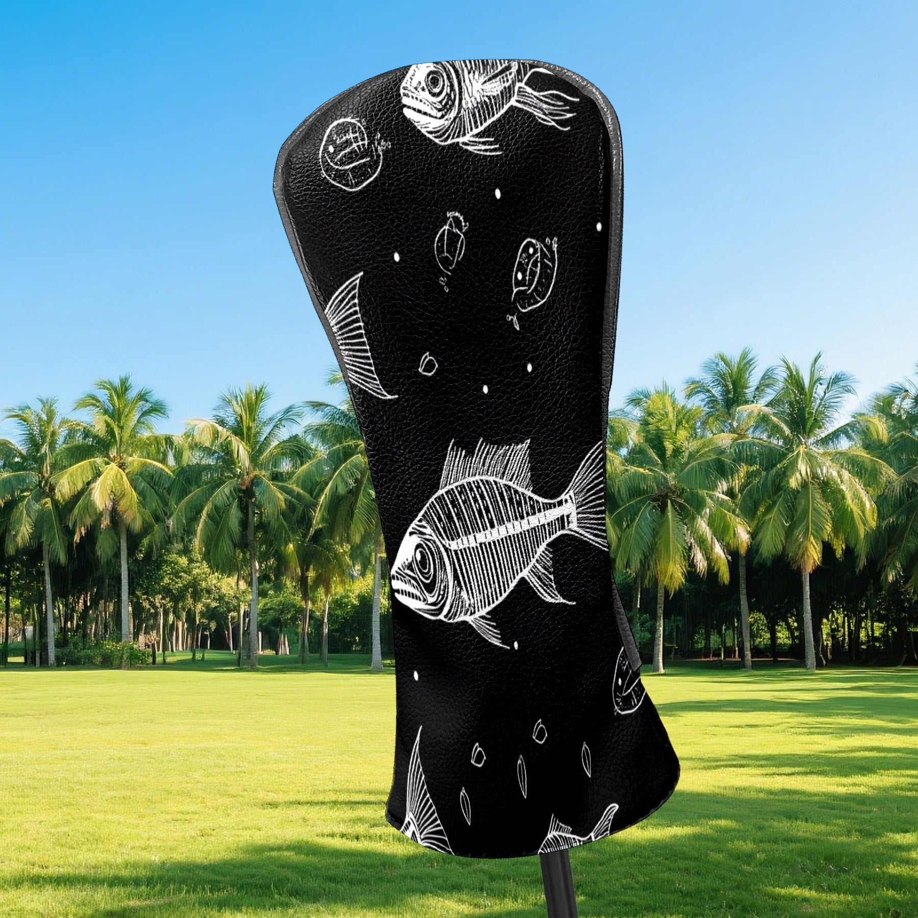 Golf Club Covers PU Leather Waterproof Head Covers for Fairway Woods Hybrids Cartoon Fish Bones