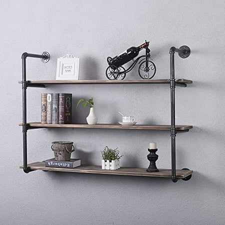 Industrial Pipe Shelving Wall Mounted, Black Metal And Wood Wall Shelving Unit
