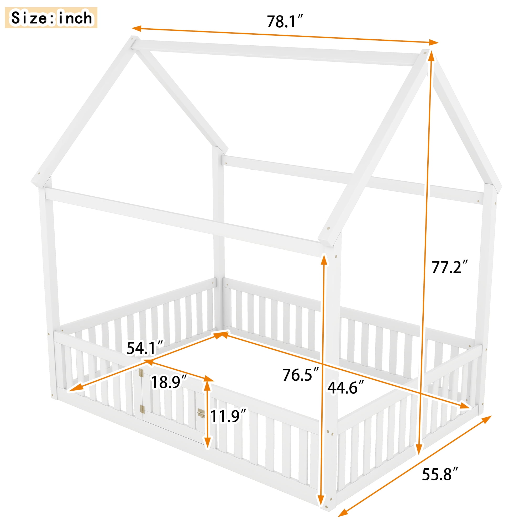 Harper & Bright Designs Full Size Floor House Bed, Wood Montessori Bed with Fence & Door, Full House Bed with Roof for Girls & Boys, White