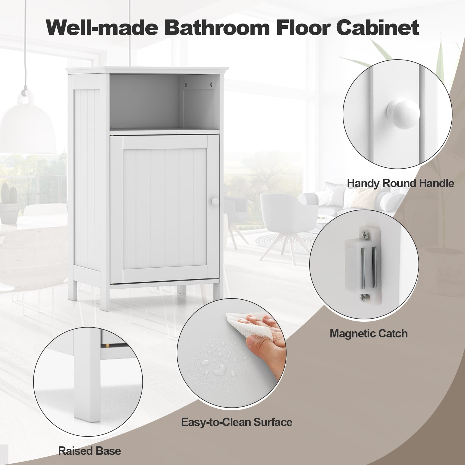 Gymax Bathroom Floor Storage Cabinet Side Table Adjustable Shelf Organize Freestanding
