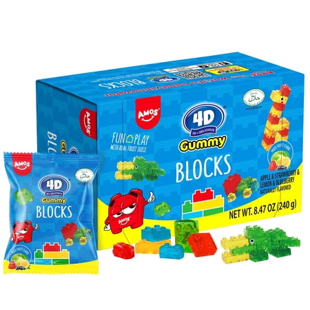 Amos Gummy Blocks 4D Gummy Candy, Halal Gummies Edible Building Bricks Mix Flavor Fruit Snacks 8.47 oz