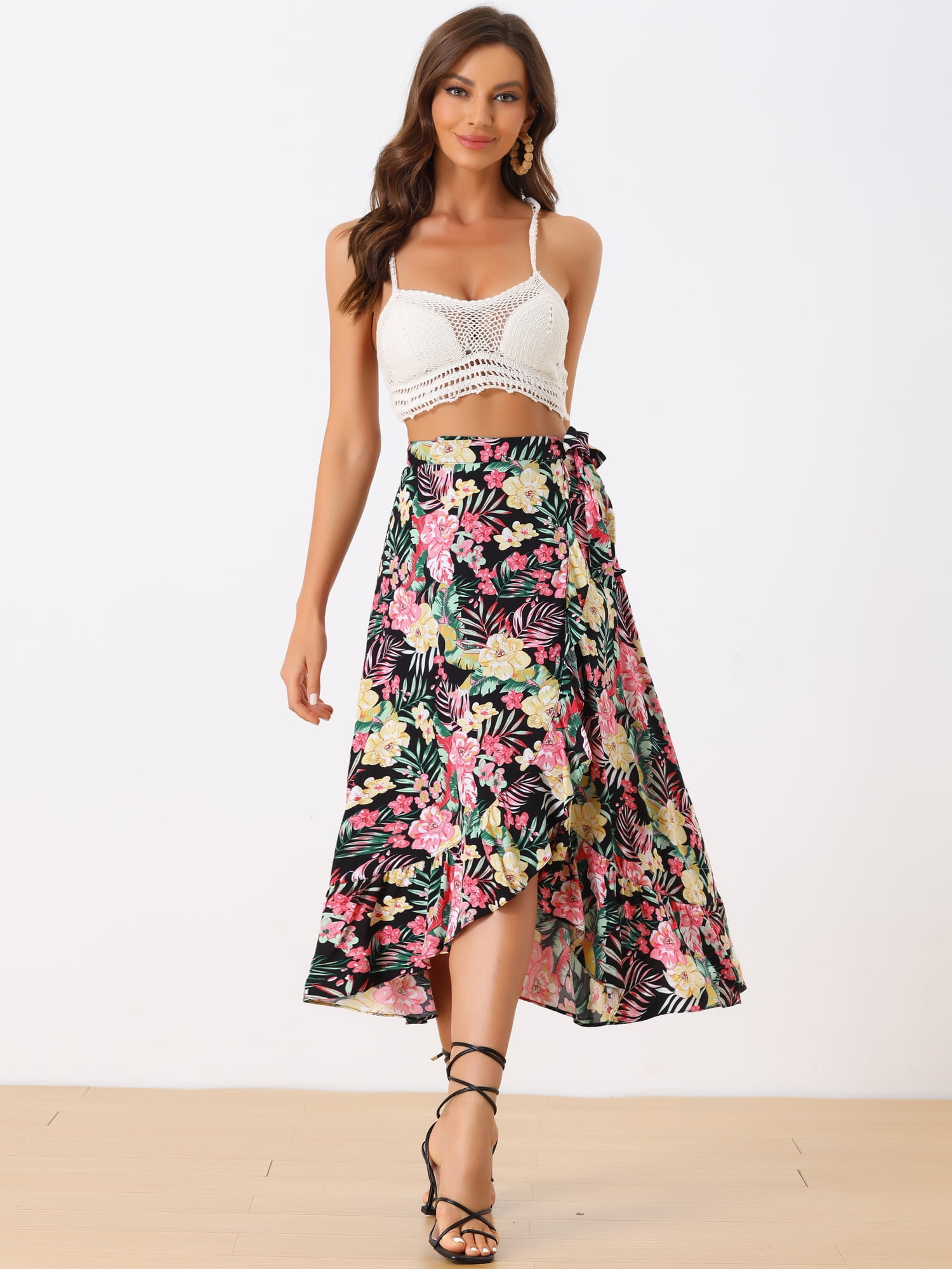 DARING DIVA Women's Ruffle Self Tie Knot Split Beach Wrap Midi Skirt L Black