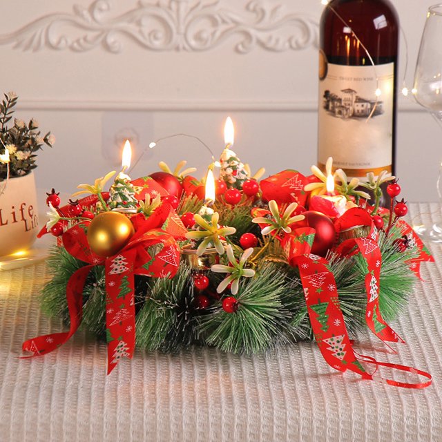 Teissuly Candlestick Wreath Simulation Wreath Candlestick Red Ribbon Double Ball Restaurant Desktop Decoration Teissuly WER202312132106