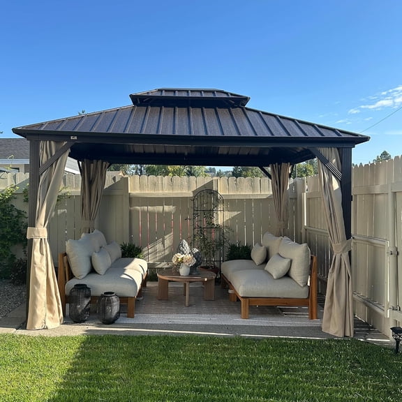 PURPLE LEAF 10’ X 12’ Outdoor Patio Hardtop Gazebo Metal Frame Galvanized Steel Double Roof with Curtains and Nettings for Backyard Desk Bronze