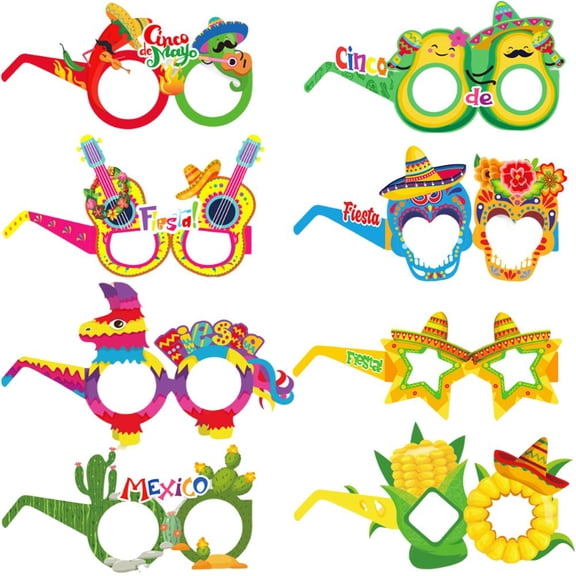 Wiywef 8pcs Mexican Fiesta Party Decorations Cinco De Mayo Decorations Mexican Paper Eyeglasses Fiesta Themed Supplies Cinco De Mayo Eyeglasses Photo Props