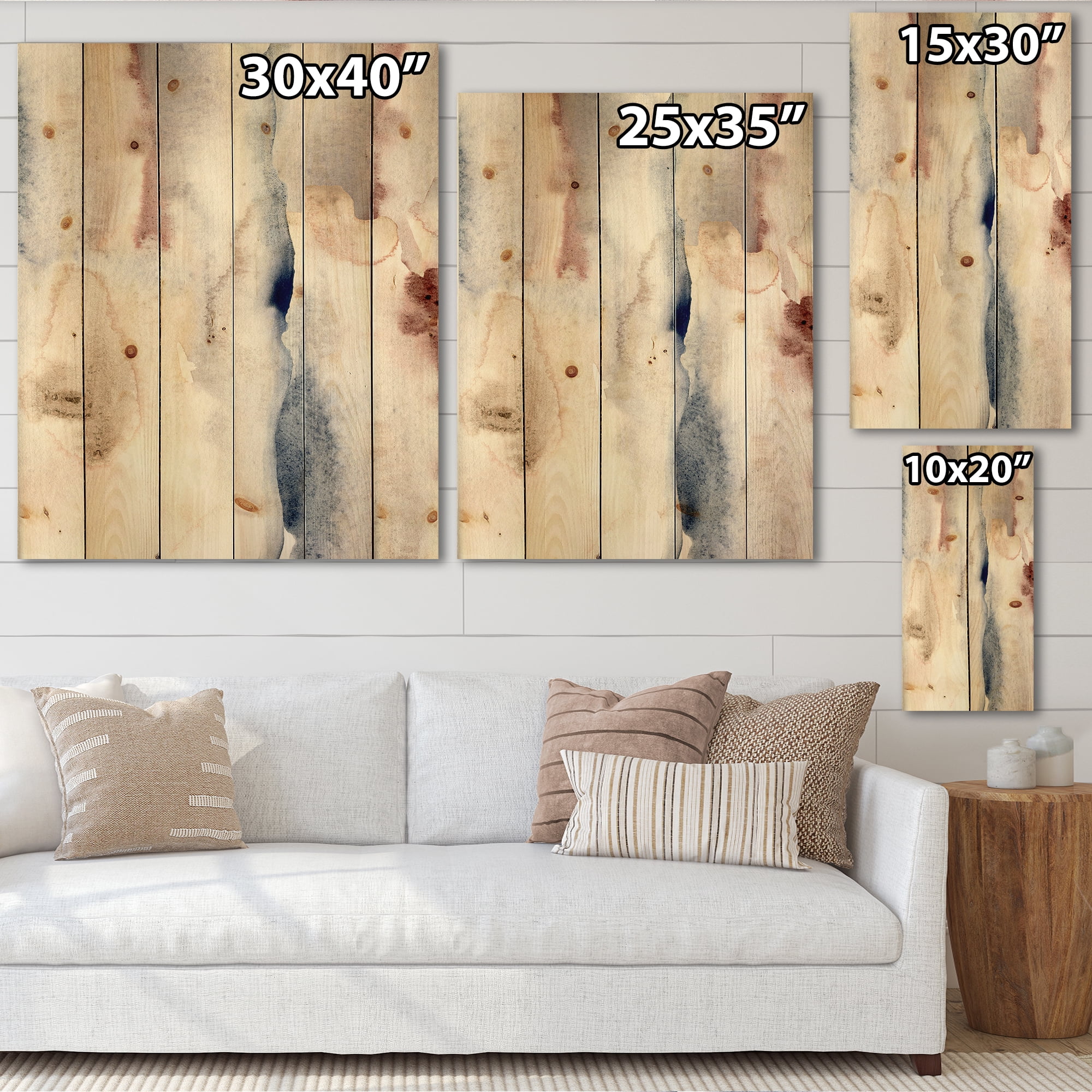 Designart 'Pastel Abstract With Pink Dark Blue and Gray Spots' Modern Print on Natural Pine Wood