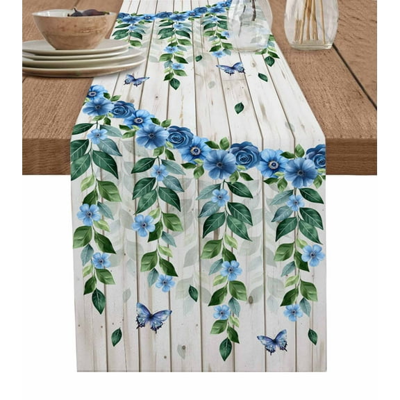 Hokiten Table Runners 70 Inches Long Dress Scarves, Blue Floral Spring Farmhouse Coffee/Dining/Kitchen Table Decor, Holiday Table Runner, Summer Farmhouse Botanical Wooden 13x70 Inch