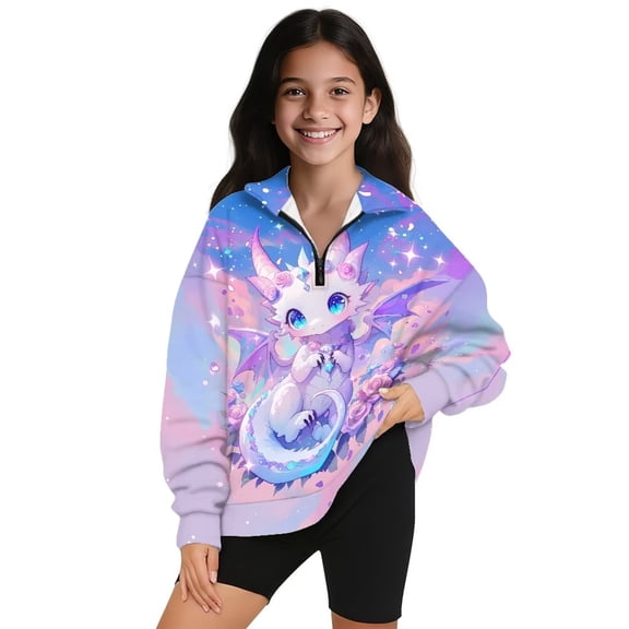 Uorisanigo Kids Girls Sweatshirt Casual Long Sleeve Pullover Top Oversized Cute Rose Dragon Quarter Zipper Cropped Sweatshirt Teen Girl School Tops Fit Vacation Shopping Exercise Wear