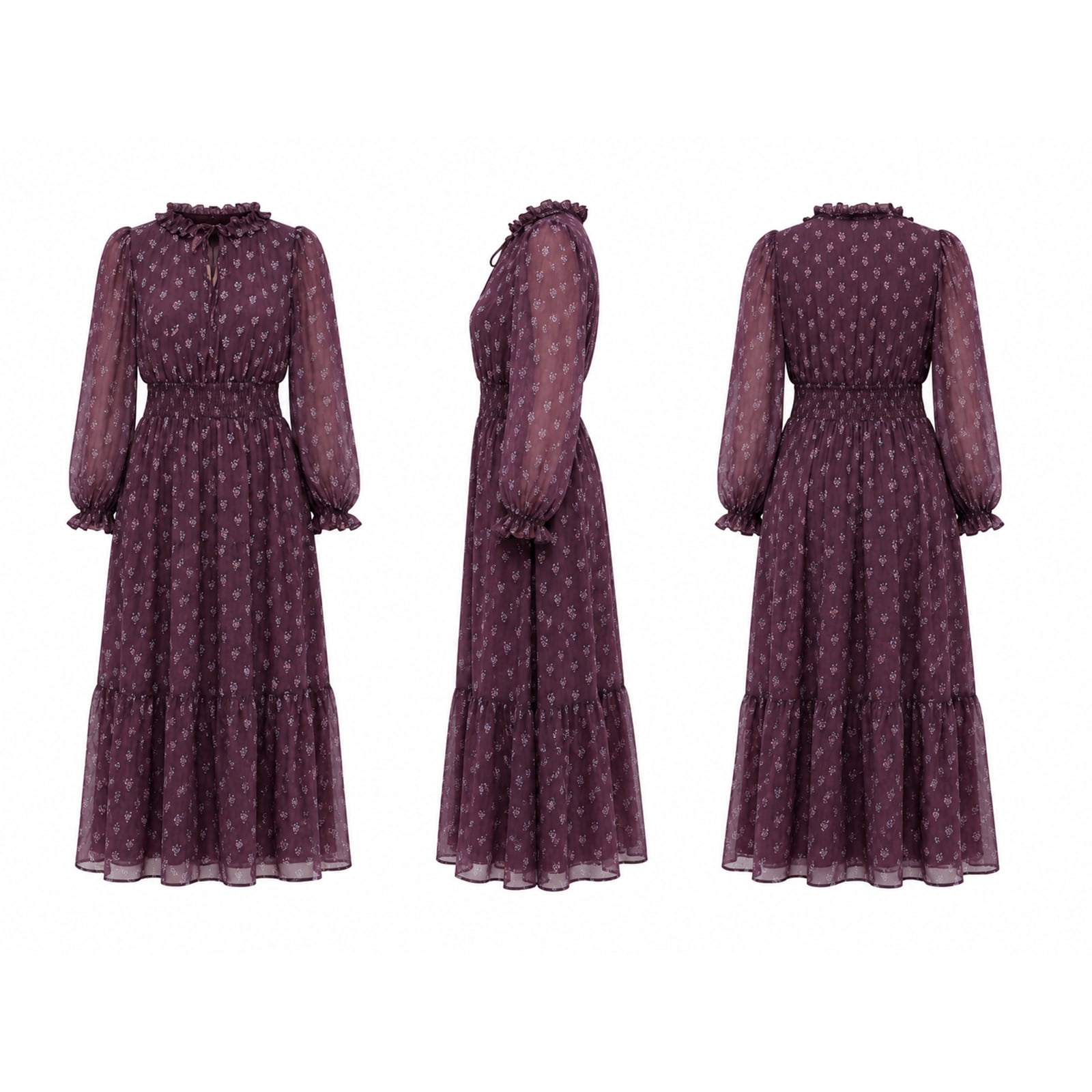 Alvantor Women's Midi Dress, Long Sleeve Ruffle Tie Neck Smocked Waist Tiered Jacquard, Burgundy Multi