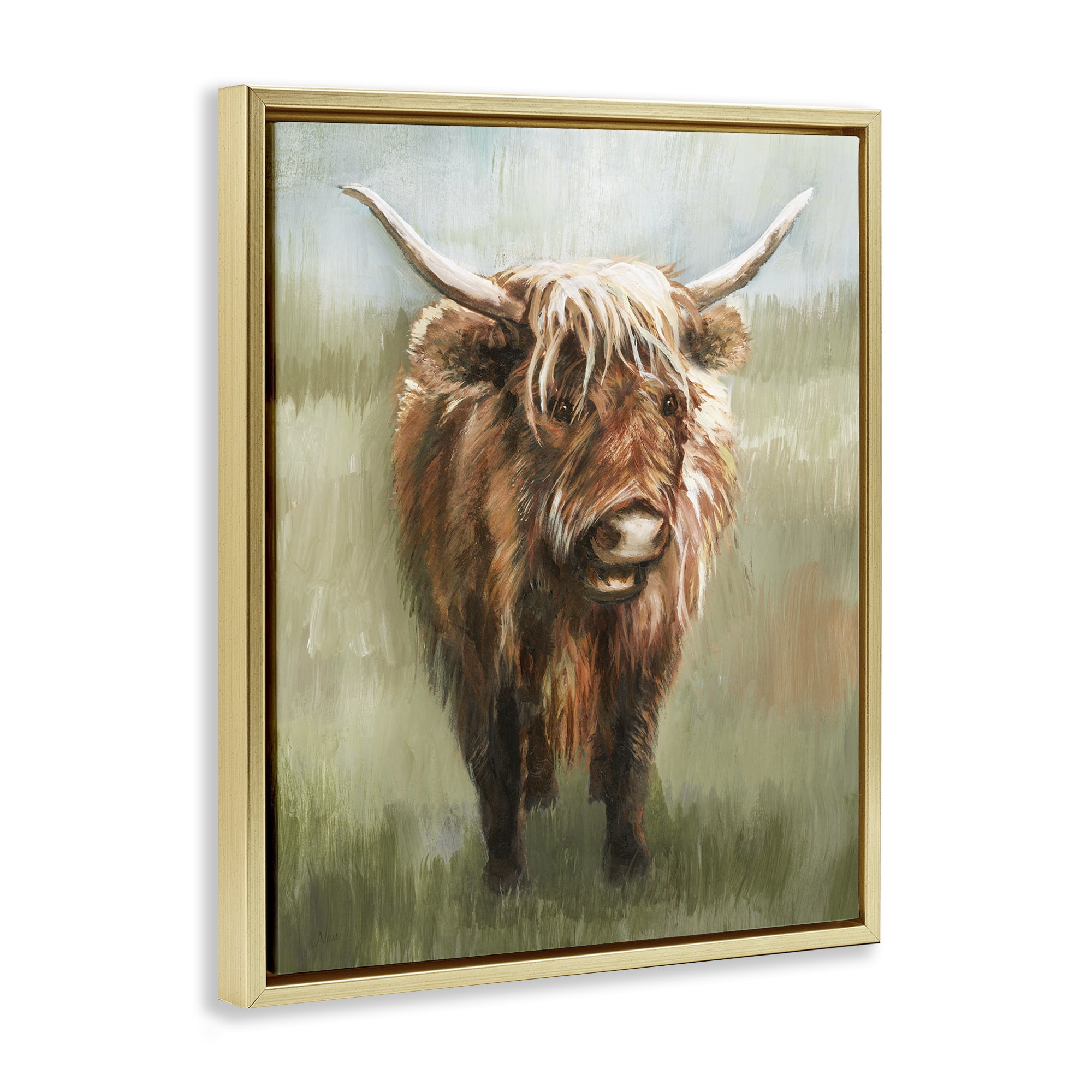 Stupell Industries Highland Cattle Painting Animals & Insects Painting Gold Floater Framed Canvas Art Print Wall Art, 17 x 21