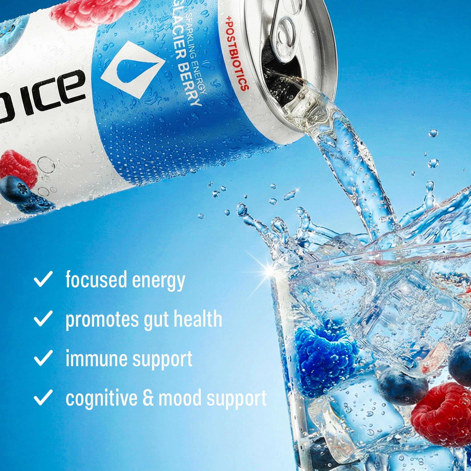 Liquid Ice Energy Drink, Zero Sugar, Glacier Berry 12 Fl Oz 12 Pack, Postbiotics, Clean Energy, 120mg Natural Caffeine, L Theanine, Green Tea Extract, CoQ10, Antioxidant Support