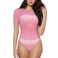 thumbnail image 2 of Uemuo Sparkly Pink Glitter Pattern Women's One Piece Short Sleeve Swimsuit Rash Guard Surfing Modest Quick-drying Swimsuit Beach Essentials-Medium, 2 of 9