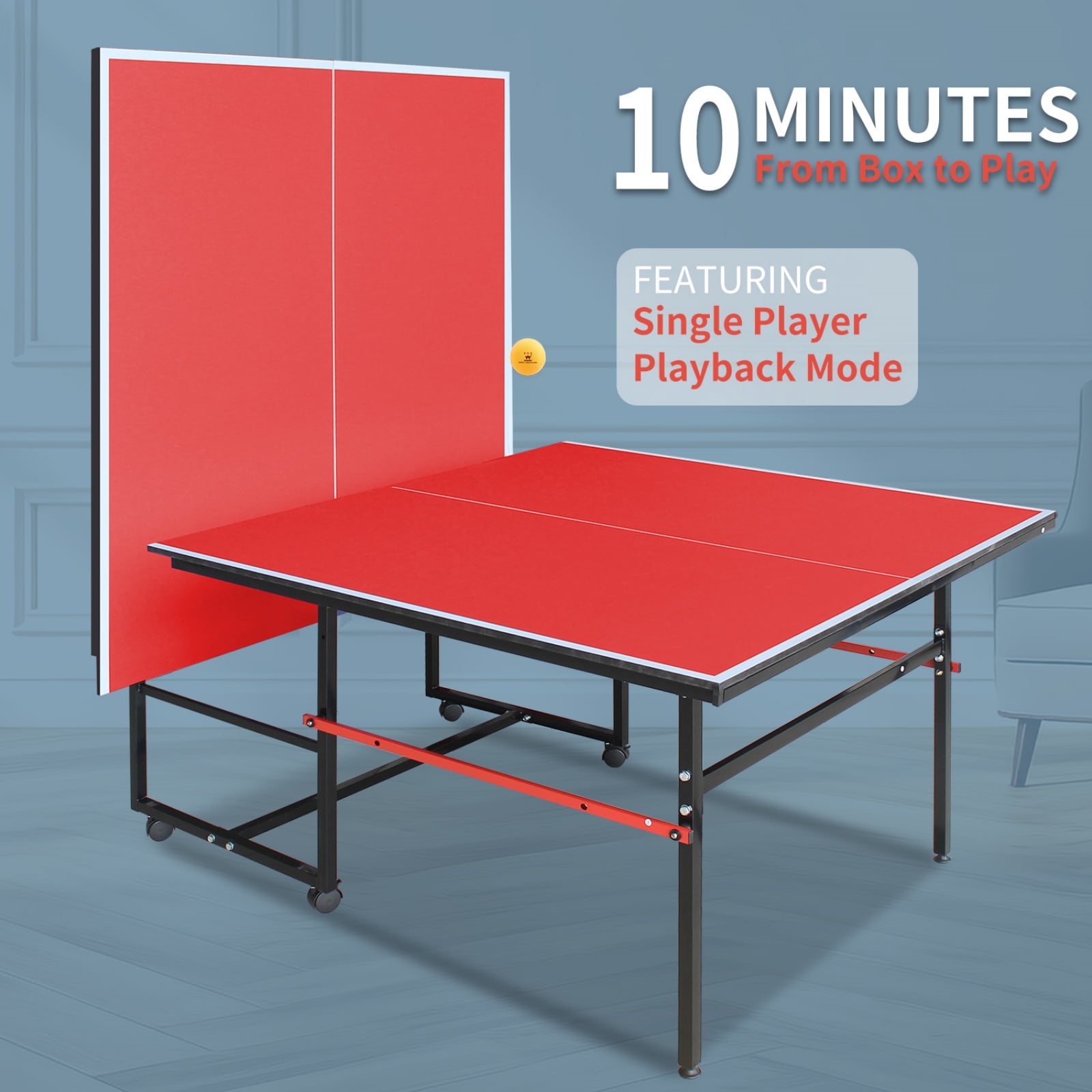 8FT Outdoor Ping Pong Table, Foldable & Portable Table Tennis Set with Net, 2 Paddles & 3 Balls, High-Quality Game Table with Single Player Playback Mode