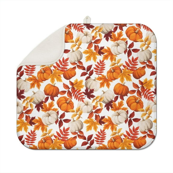 Fall Pumpkin Dish Drying Mat for Kitchen Autumn Maple Leaves Thanksgiving Day Microfiber Drying Mats Absorbent Reversible Dish Pad Medium Dish Draining Mat 16x18 inch
