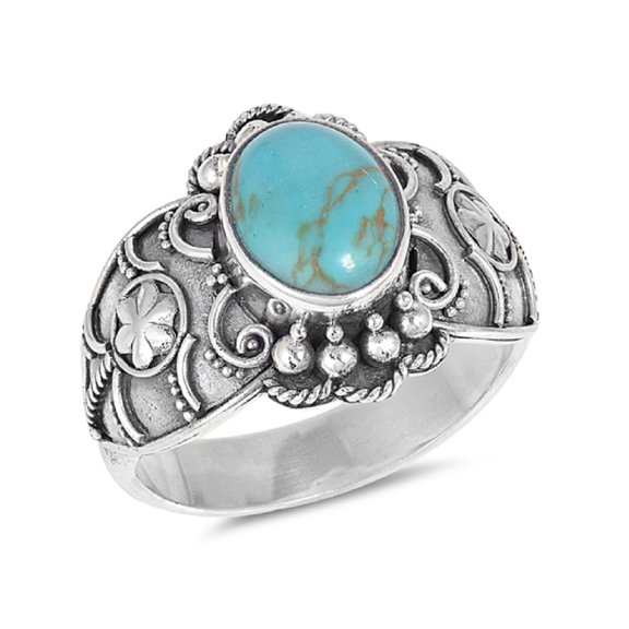 Oval Bezel Set Simulated Turquoise Center Decorative Ring Sterling Silver