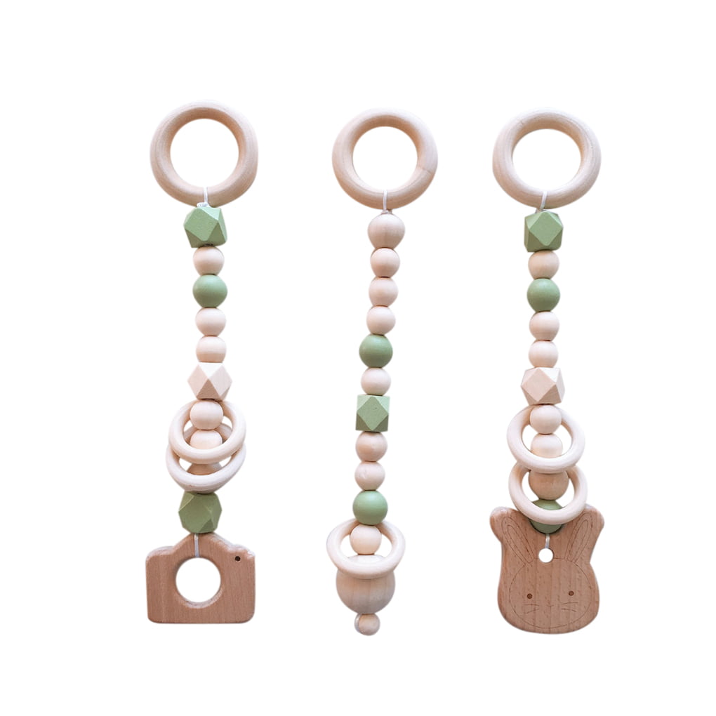 Silicone Beads Toddler Baby Play Gym Pram Toy Wooden Ring Teether Stroller Toys 