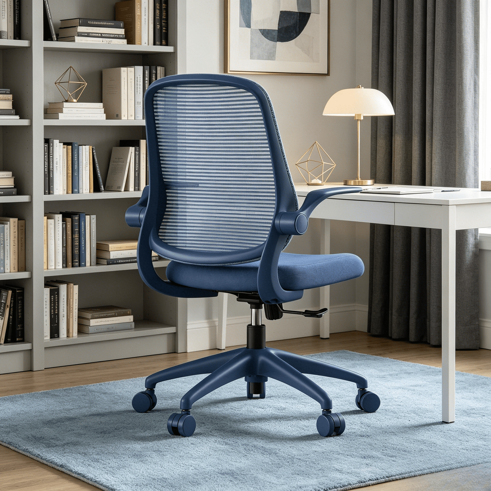 Homy Casa Blue Mesh Office Chair with Flip-Up Arms, Ergonomic Swivel Desk Chair for Home Office