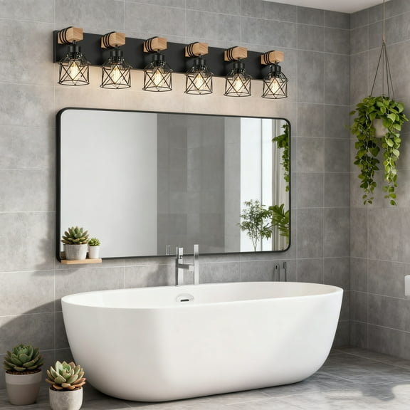 6-Light Farmhouse Vanity Light Fixtures Over Mirror, Black with Cage Metal Shade, Vintage Rustic for Bathroom, Hallway