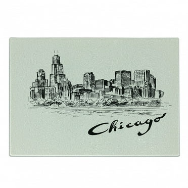 Chicago Skyline Cutting Board, Vintage Art of American City in Hand Drawn Style Sketchy Effects, Decorative Tempered Glass Cutting and Serving Board, Small Size, Black Cream, by Ambesonne