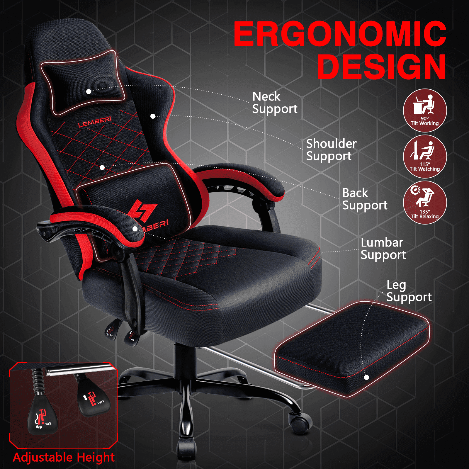 Waleaf Heavy Duty Gaming Chair with Footrest, Big and Tall Video Gaming Chair for Adults, Unique Lumbar Support and Linkage Armrest, Racing Style Game Chair