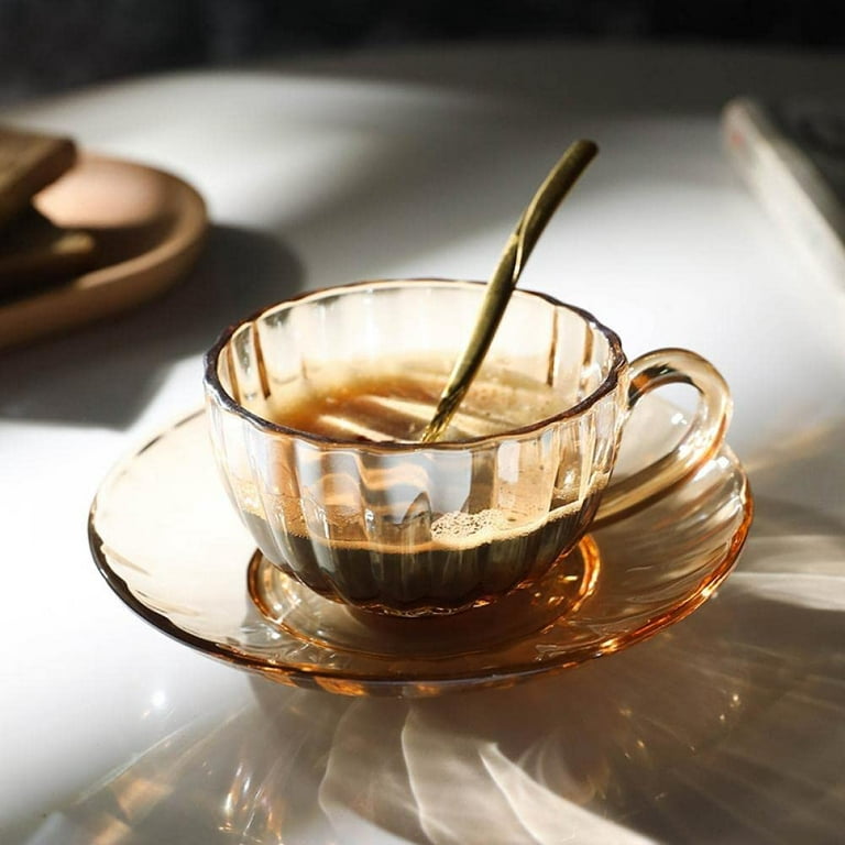 DanceeMangoo Clear Glass Cup & Saucer Set, 6 Oz Scented Tea Cup Coffee Mug,  Pumpkin Stripes
