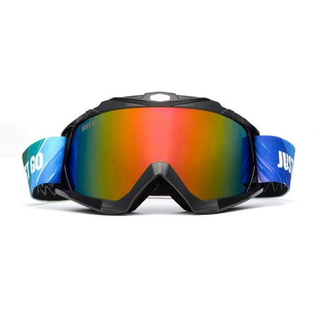 JUST GO Ski Goggles for Skiing Motorcycling and Winter Sports Dual-Layer Anti-Fog 100% UV Protection lens Snowboard Goggles fit Men, Women and Youth, Black Frame/ Red Revo Lens (VLT 10.5%)