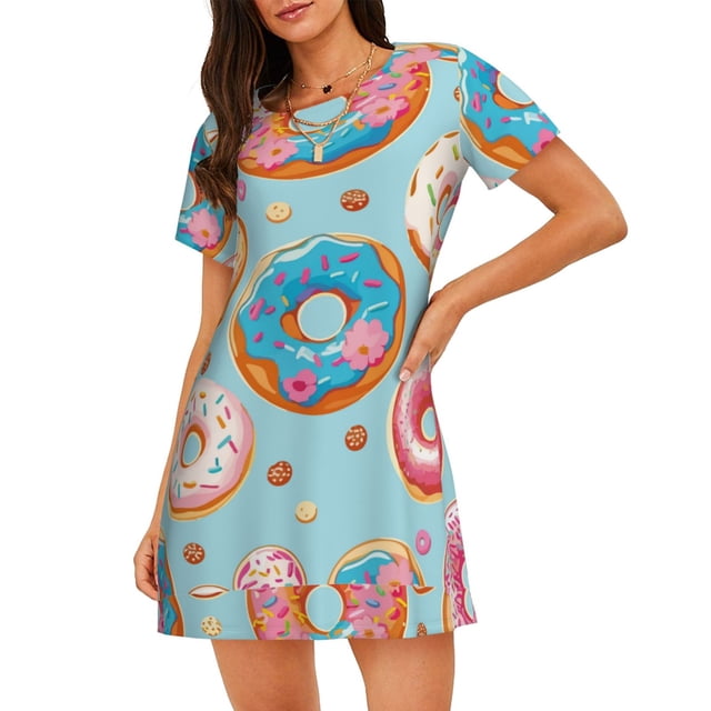 Easygdp Colorful Donut Camisón de manga corta para mujer, informal, estampado