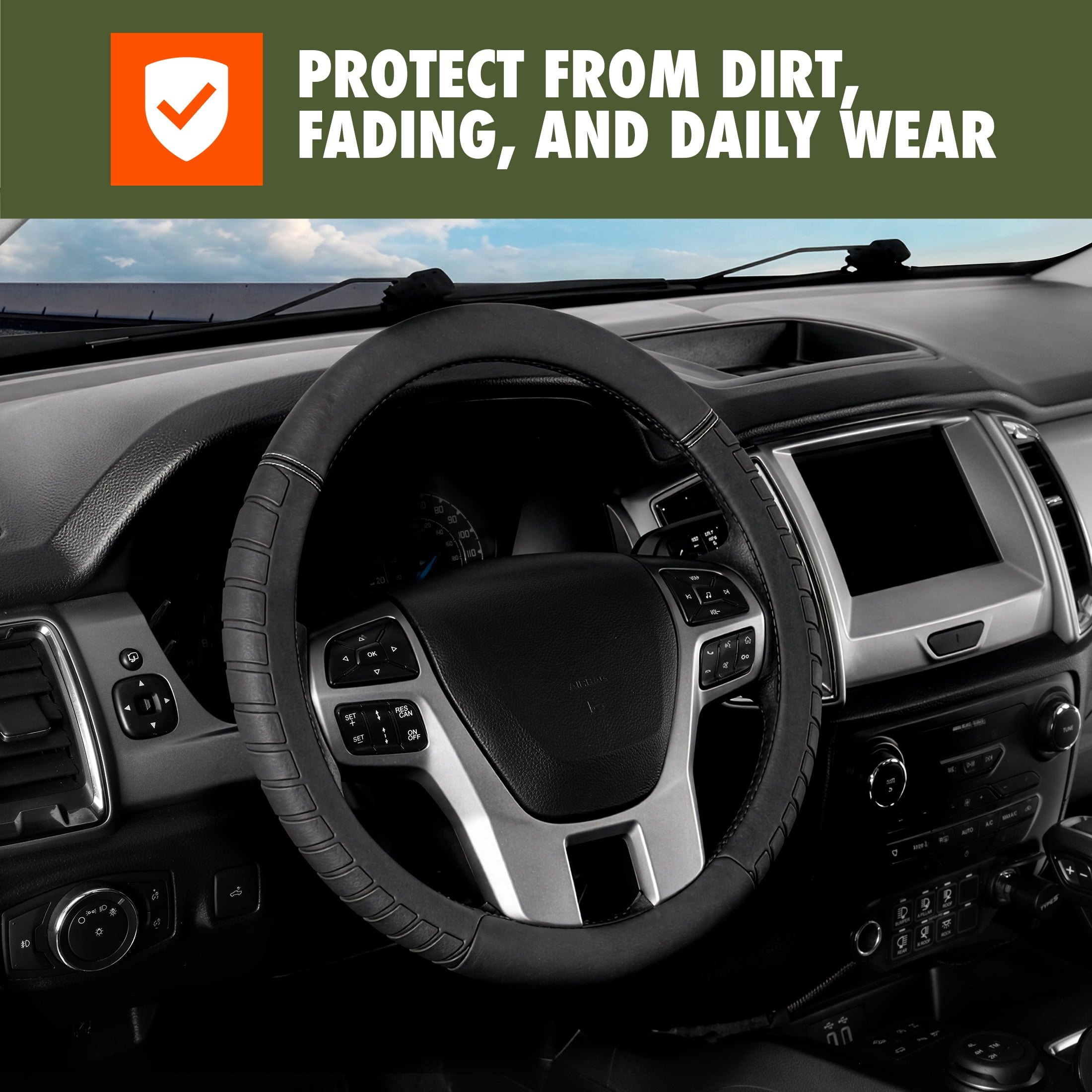 Ozark Trail Truck Steering Wheel Cover Faux Leather with Rubber Grip, Fits 16" diameter, Black Chevron