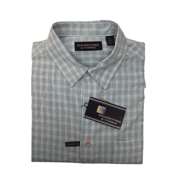 Roundtree and Yorke, Men's Short Sleeve Shirt, Bright Aqua, Plaid, L