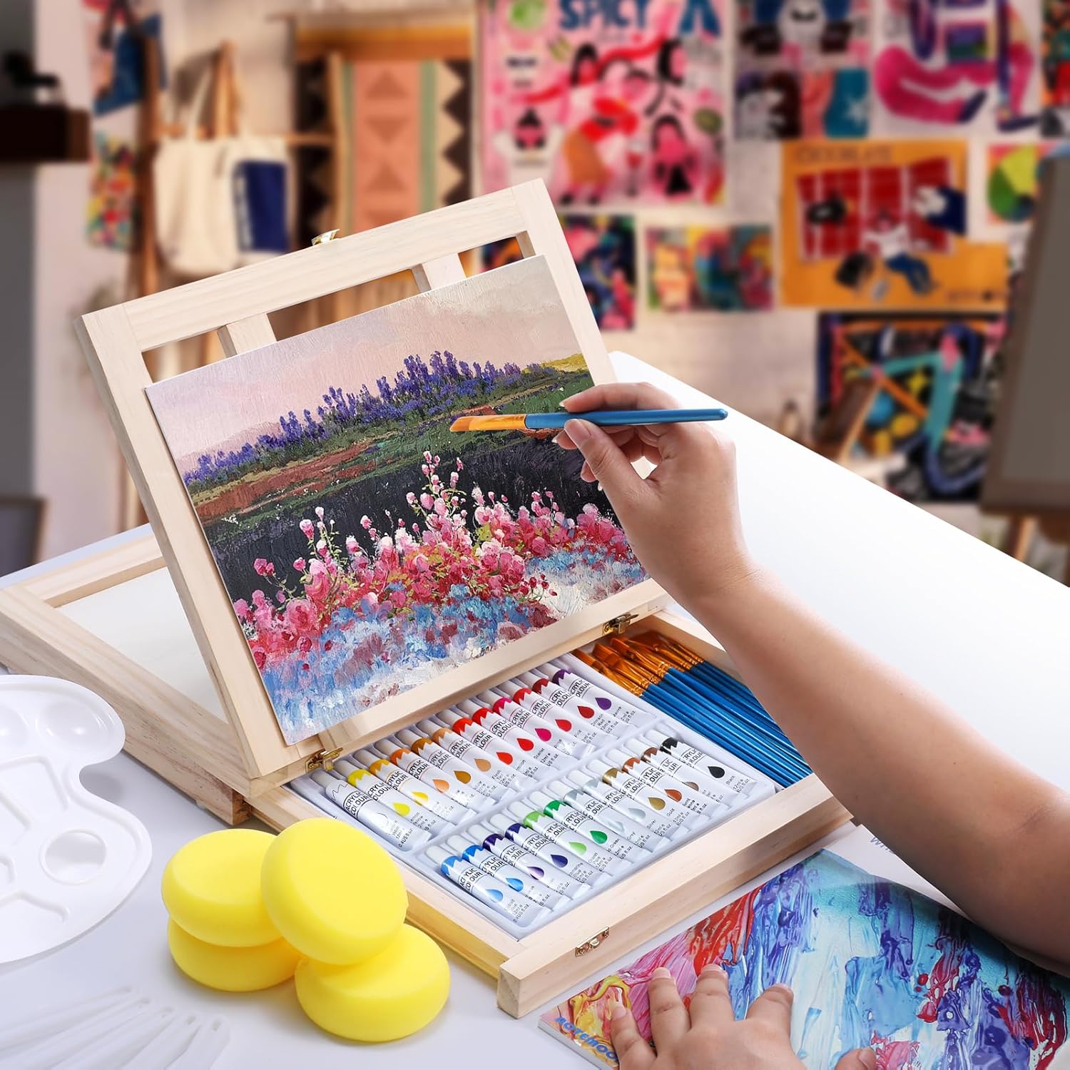 Wooden Tabletop Art Easel Set for Painting, 54 Pieces Starter Acrylic Paint with 24 Colors Paints, Canvases, Sketch Pads, Brushes and Palette Beginners Young Artists Adults