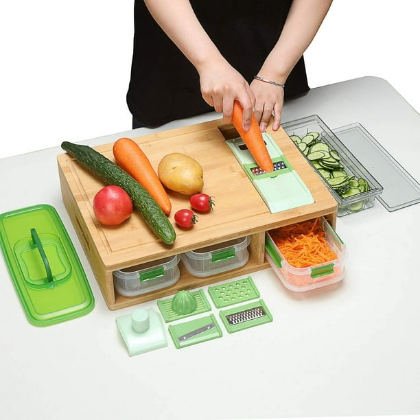Bamboo Cutting Board with 4 Containers, Large Chopping Board with Juice  Grooves, Easy-grip Handles & Food Sliding Opening, Carving Board with Trays