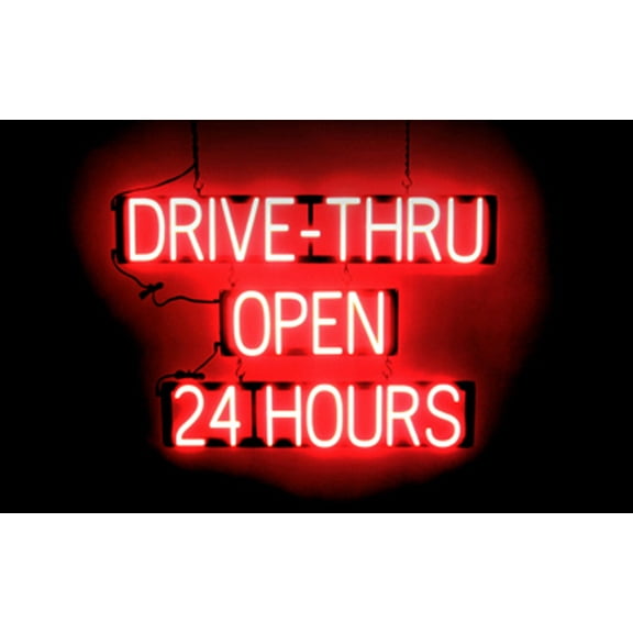 SpellBrite DRIVE-THRU OPEN 24 HOURS LED Sign for Business. 35.1" x 23.8" Red DRIVE-THRU OPEN 24 HOURS Sign Has Neon Sign Look, Energy Efficient LED Light Source. Visible from 500  Feet, 8 Animations.