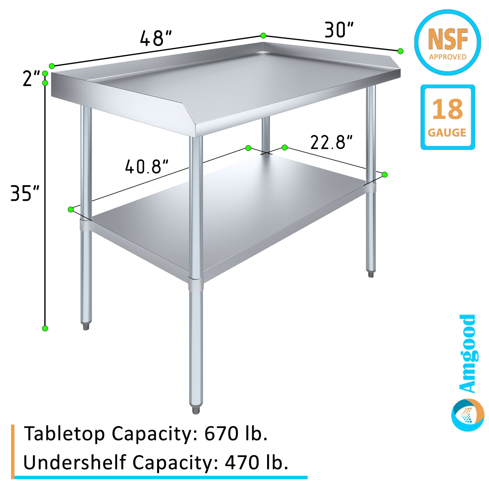 AmGood 48" Long x 30" Deep Commercial Work Table with Backsplash and Sidesplashes | Stainless Steel Prep Table for Kitchen, Restaurant, Garage, Laundry | NSF