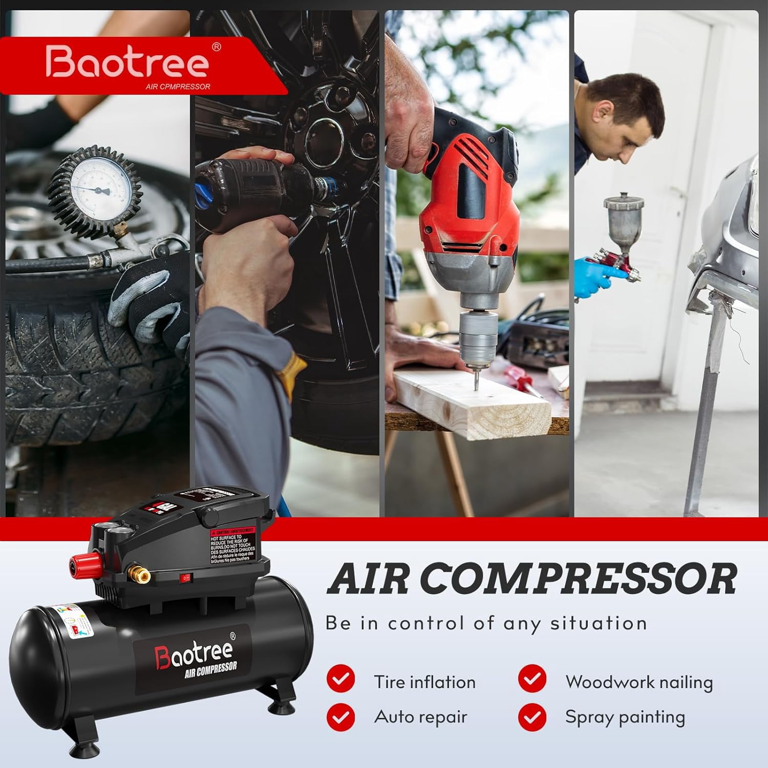 4Gallon Portable Air compressor, 0.5HP Motor Oil Free Air Compressor Tank, Max 110PSI Garage Air Compressor for Car Repair