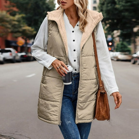 Women Long Vest Long Puffer Jacket for Women Ndbuld Women's Winter Casual Loose Color Pocket Zippered Waistcoat Reversible Long Cotton Coat Khaki XL