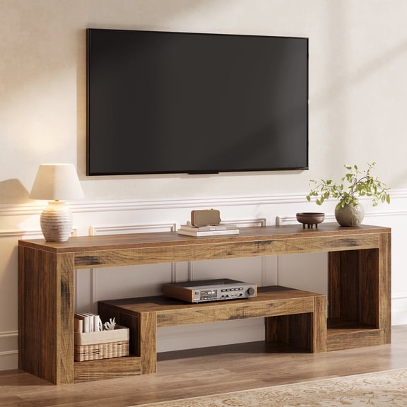 Finmind 63-inch TV Console Stand for 55/60/65/75-inch TVs, Farmhouse Entertainment Center with Open Storage Shelves, Rustic Brown