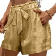 thumbnail image 4 of Oiangi Metallic Shorts for Women Elastic Waist Tie Front Boxers Sparkly Satin Straight Leg Shorts for Summer Party Gold 2XL, 4 of 6