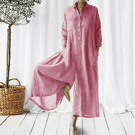 Clearance SEMPAI New Women s Long Sleeved Solid Cotton Linen Loose Bodysuit Bodysuit Flash Deal