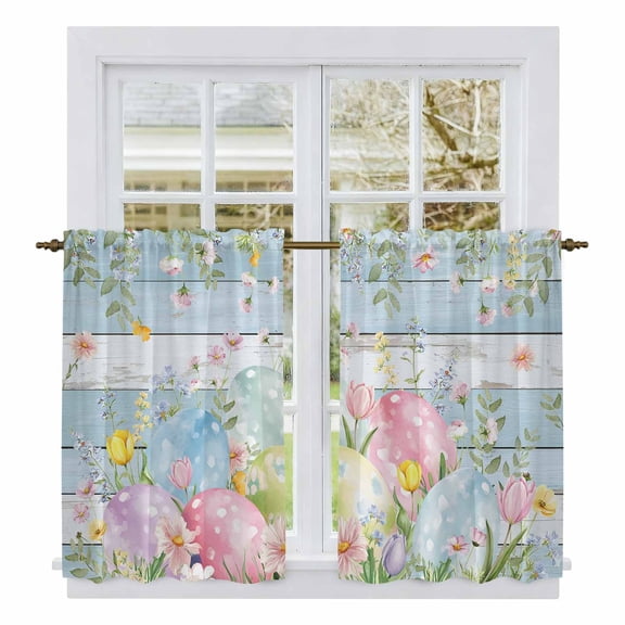 Easter Eggs Kitchen Curtains 45 Inch Length, Spring Daisy Eucalyptus Leaves Light Blue Wood Tiers Curtains for Bathroom Bedroom Cafe, Light Filtering Small Window Treatment Drapes 2 Panels 42"Wx45"L