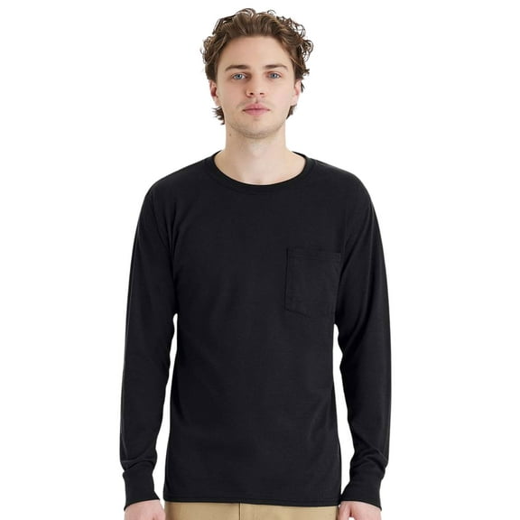Hanes Mne’s Long Sleeve Pocket T-Shirt 60/30/10 Polyester/Ring-Spun Cotton/Rayon Heavyweight Durable Workwear Long Tee Shirt (Black, L)