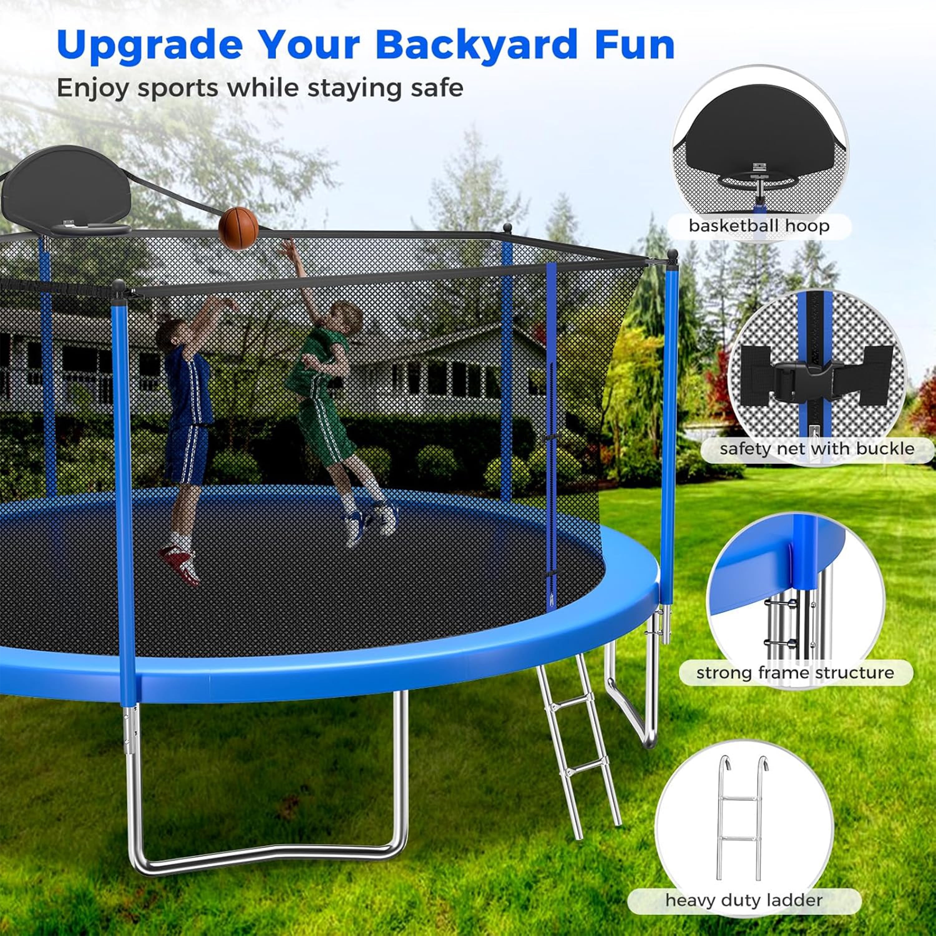 Biotree 12 FT Trampoline for Kids and Adults, Outdoor Trampoline with Basketball Hoop & Safety Enclosure Net,Large Load Capacity Heavy-Duty Jumping Trampoline for Boys and Girls