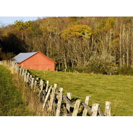 Pottery Barn South Carolina Red Barn and Fence along the Blue Ridge Parkway, Blowing Rock, North Carolina, USA Print Wall Art By Chuck Haney ()
